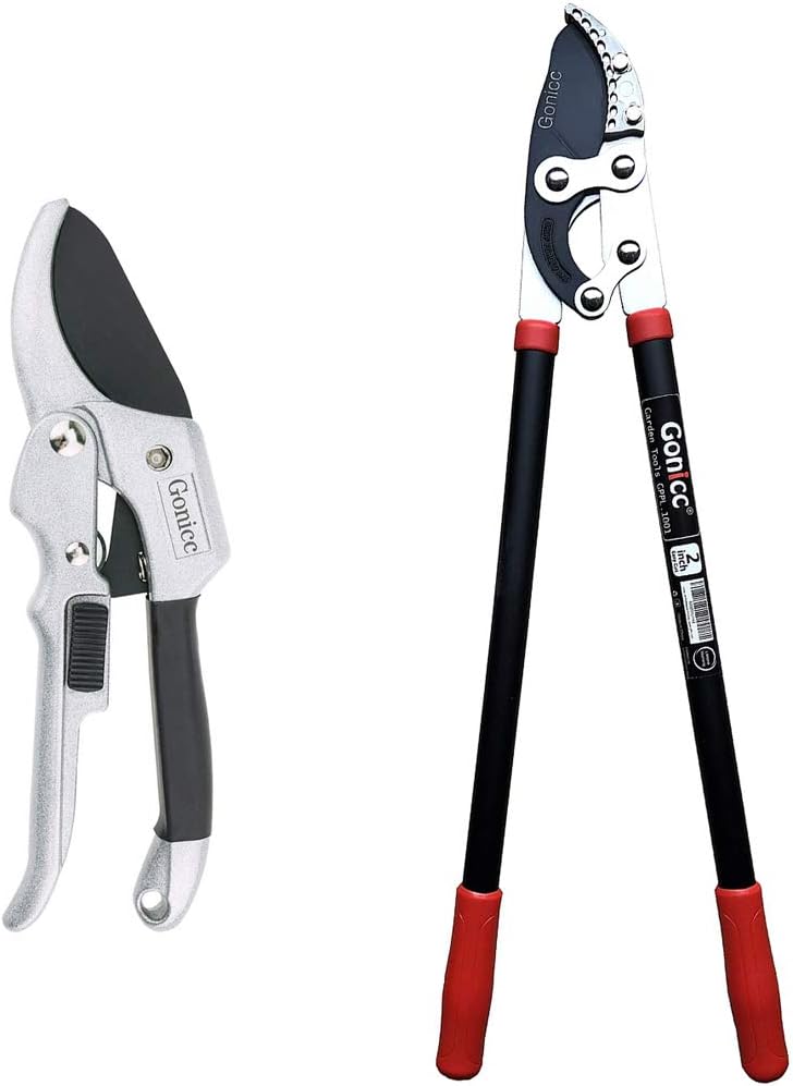 Gonicc 8" Professional SK-5 Steel Blade Sharp Anvil Pruning Shears (GPPS-1001) and 30 inch SK-5 Steel Blade Anvil Lopper. Garden Pruning Tree Hedge Branch Cutter Trimmer Clippers scissors.