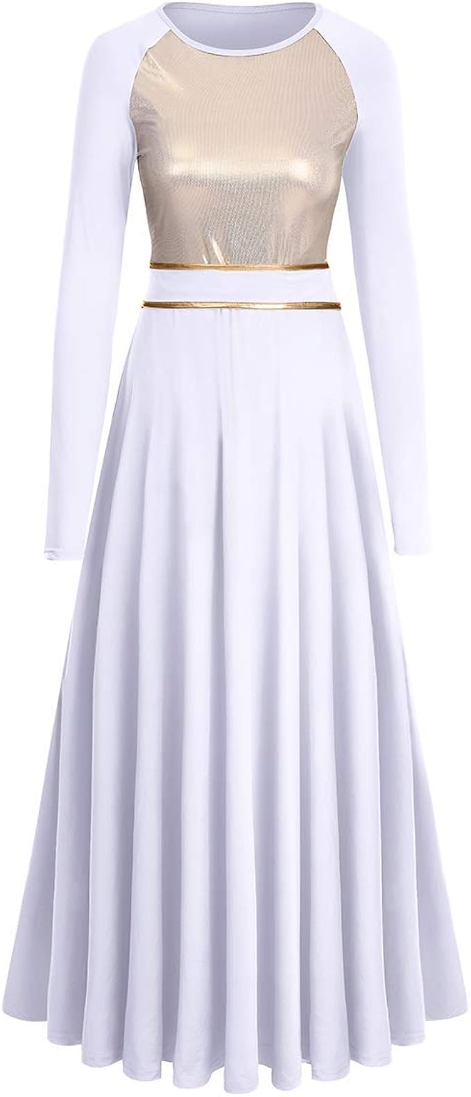 IMEKIS Women Metallic Gold Praise Dance Dress Color Block Belt Long Sleeve Liturgical Worship