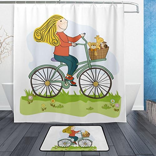 JIUMEI Anime Bike Giraffe Teddy Bear Girls Decorative Waterproof Polyester Fabric Shower Curtain 66 Inchx72 Inch With Hooks Nonslip Doormat Bath Floor Mat 23.6 Inchx15.7 Inch Bathroom Doormats