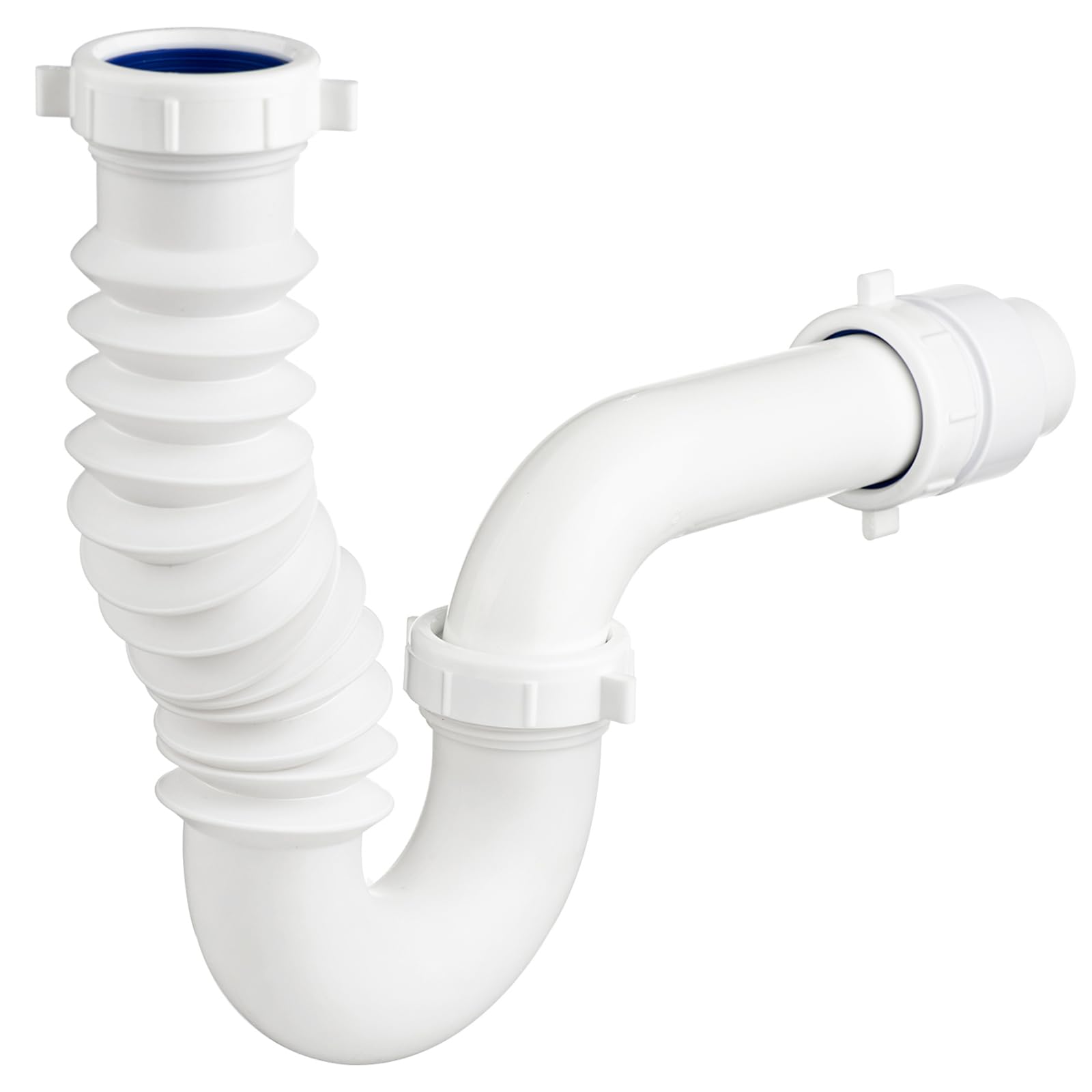 Photo 1 of (1 Pack) Yariwiz White P Trap 1 1/2 Inch for Bathroom Kitchen Sink Drain Pipe Tubular Kit with Adjustable J-bend, White Threaded Adapter and Blue TPE Washer KSD-004W