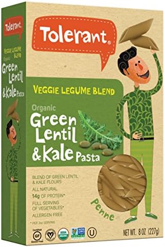 Tolerant, Organic Gluten Free Green Lentil & Kale Pasta, 8 oz, Pack of 3 (PENNE)