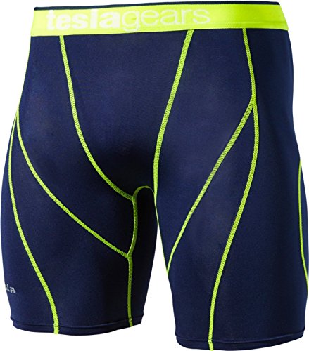 TESLA Mens Boys Shorts Lightweight Compression Base Layer Sports Skins Navy  Neon Yellow US Large Tag XL