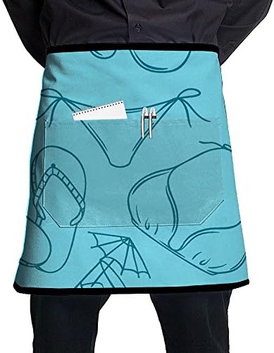 FLJM Hawaiian Style Half-length Short Waist Apron With Pockets Half Aprons Catering Chefs Waiters