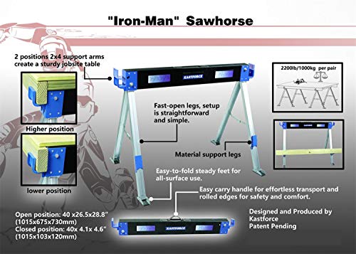 KASTFORCE KF3003 Folding Sawhorse Jobsite Table 1100lbs Capacity 2 Position Timber Holding
