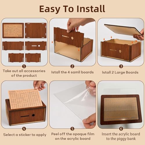 10000 Kakeibo Wooden Money Saving Challenge Box Cash Vault Piggy Bank for Adults Kids Savings Goals Smash Box Saver for Boys and Girls (10 Amounts)