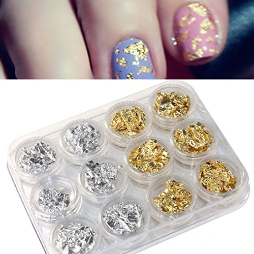 Sannysis 12 PCS Nail Art Gold Silver Paillette Flake Chip Foil DIY Acrylic UV Gel Pager