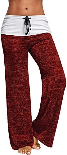 Women Color Block Fold Over Yoga Trousers, Damask Elastic High Waist Wide Leg Lounge Xander Pants (L)