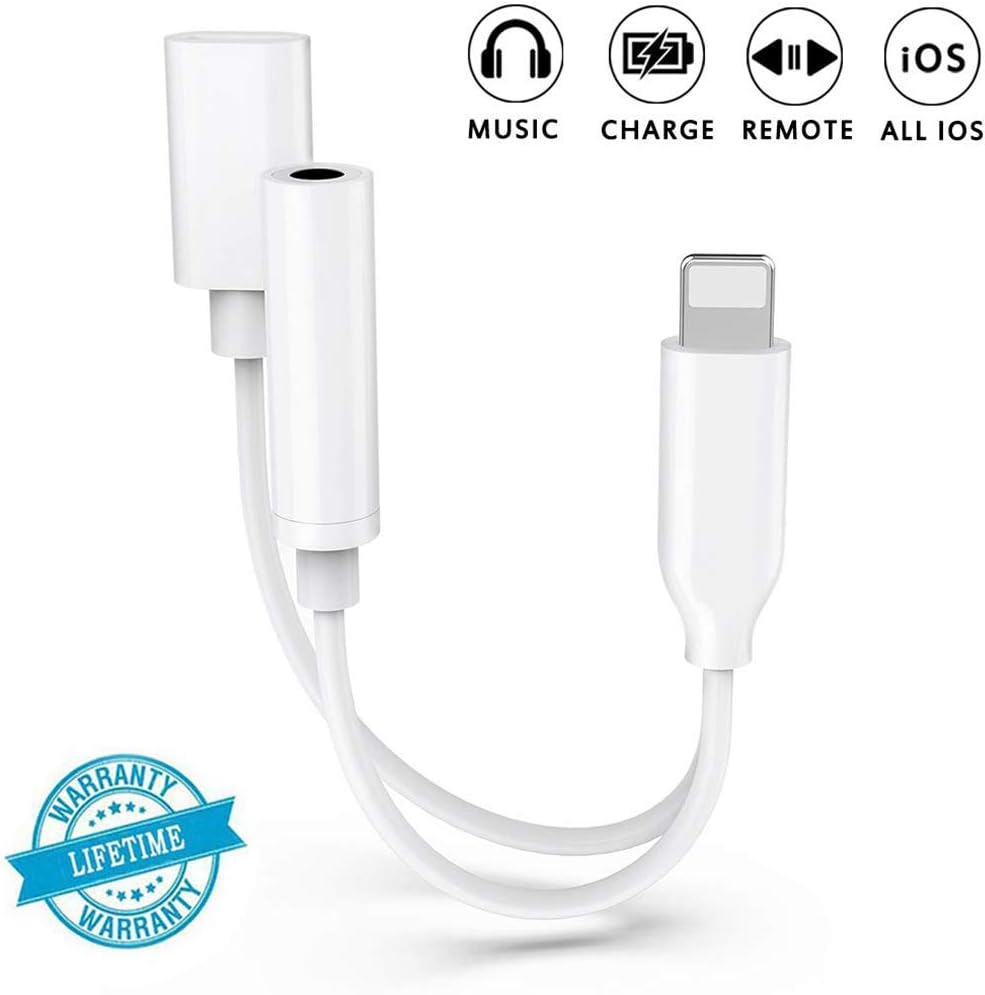 Headphone Adapter for iPhone 7 Adaptor Earphones Adaptor 3.5mm Jack AUX Audio Cable Connector Adaptor for iPhone 7/8/11/X/XS [Music+Charging] Headset Splitter Dongle Support iOS 12 or Later(White)
