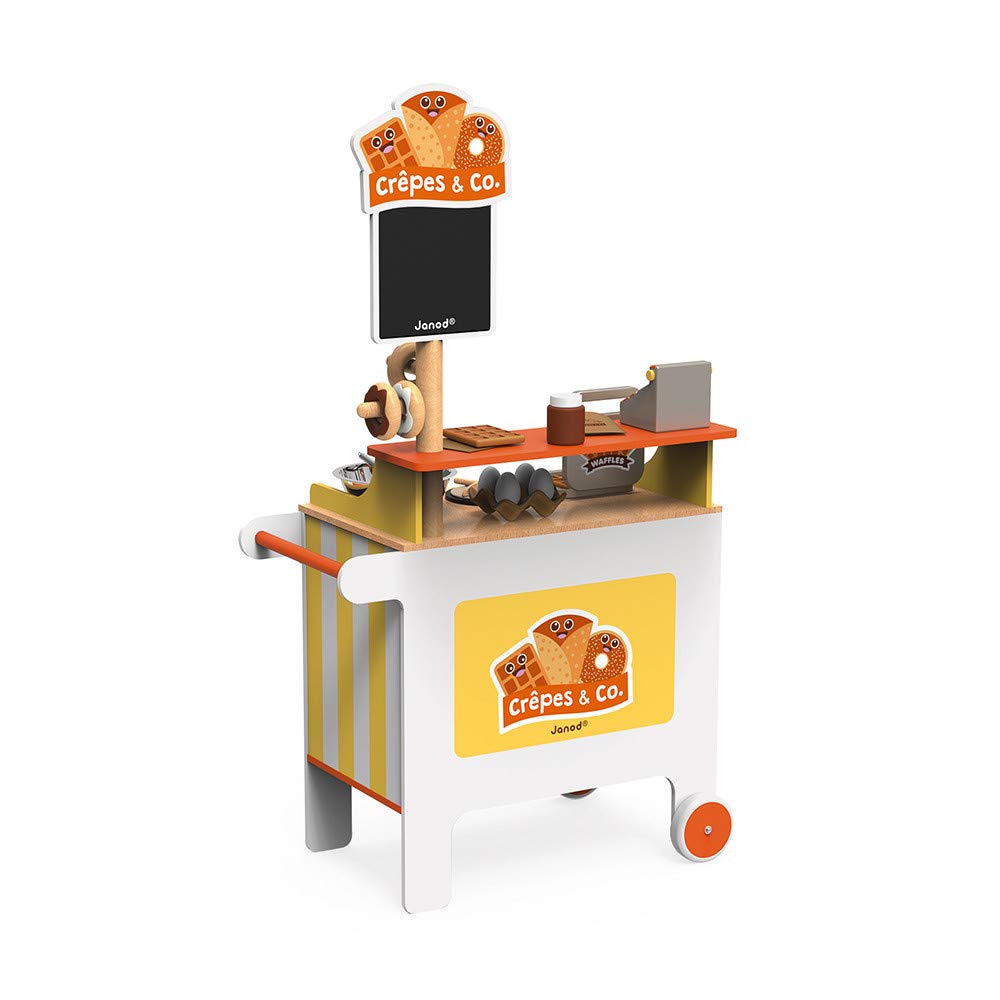 Janod - Crepes & Co Mobile Wooden Stand - Kitchen and Shopping Imitation Toys - 40 Accessories Included - from 3 Years Old, J06587