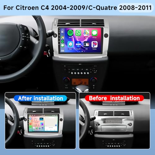 【8 Core 6+128G】 Hodozzy Carplay Car Radio for Citroen C4 2004-2009, 9 Inch Touch Screen Android Car Radio with Android Auto/WiFi/GPS/RDS/FM/Bluetooth/USB/DSP