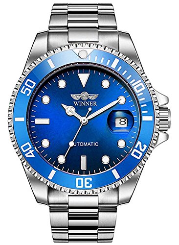 Men Automatic Mechanical Watches Winner Brand Full Steel Blue Dial Waterproof Mens Watches with Calendar (Silver Blue)