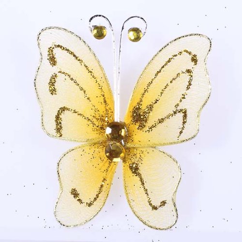 Small Gold Nylon and Glitter Craft Butterflies Adorned with Gold Gem Antennae- 100 Pieces