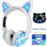 Qiwoo Kids Headphones with Cat Ear USB Rechargeable Adjustable LED Light Up Wired Over Ear Headphones 85dB Volume Limited Compatible for iPad Tablet for Easter Theme Party Favor (3-White)