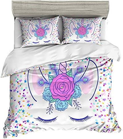 HyUkoa Unicorn Bedding Set Girls Cartoon Unicorn Bedding 3D White Duvet Cover Set for Child No Comforter(EU Double Size/1pc Duvet Cover+2pc Pillowcase)