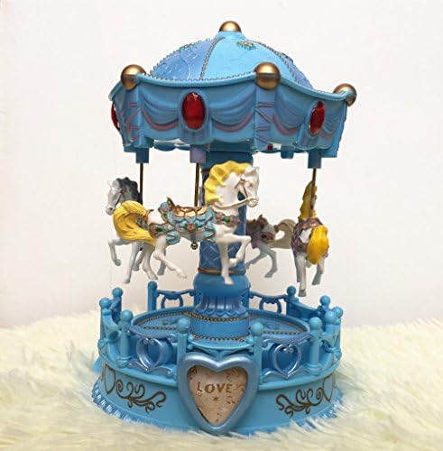 POPgifts Laxury Carousel Music Box,4-Horses Rotate and Automatic Lifting,Blue