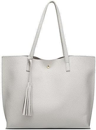 ANSAN Simple Design PU Leather Womens Shoulder Bags Top-Handle Tassel Handbag Tote Purse Bag Grey