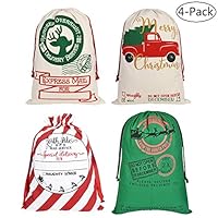 Faylapa 4 Pcs Large Santa Sacks,4 Patterns Canvas Stocking with Drawstrings,Reusable Designs,19.7 X 27.5 Inch Xmas Present Bag