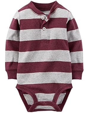 Baby Boys' L/S Striped Henley Bodysuit Tee (9M, Burgundy)