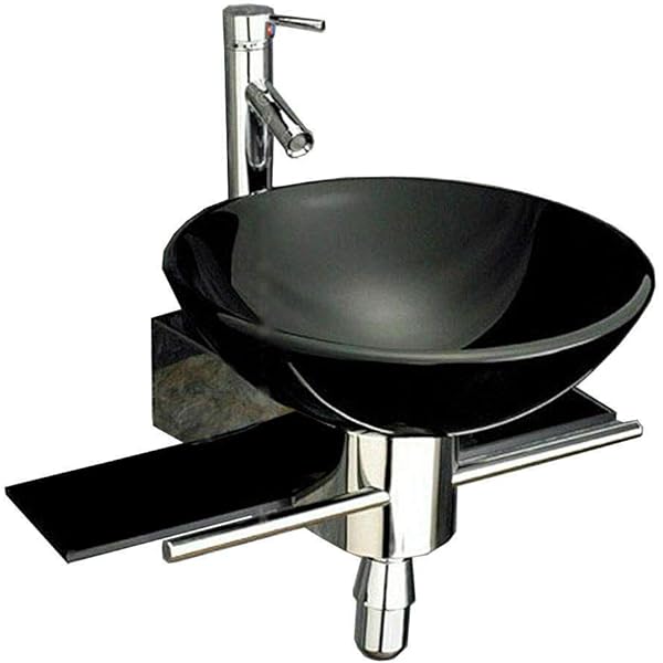 Modern Wall Mount Bathroom Vanity Black Glass Vessel Sink Faucet