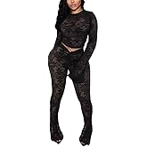 Kafiloe Women Sexy 2 Piece Outfits Clubwear Mesh Hollow Out Long Sleeve Crop Top Flare Pants Set Birthday Outfits