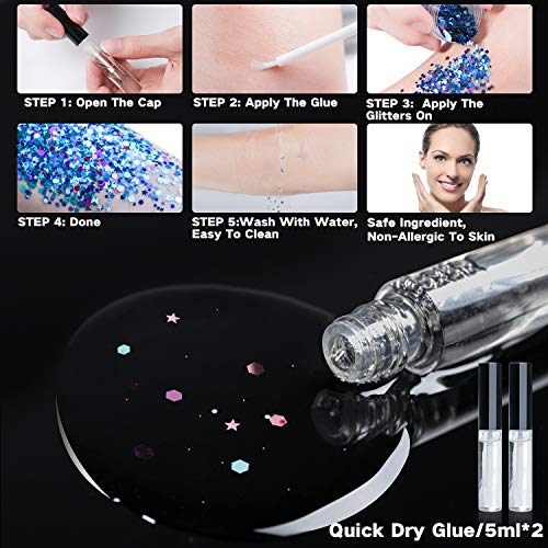 8 Jars of Cosmetic Chunky Glitter Shimmer Body Face Hair Eye Musical Festival Carnival Dance Halloween Party Beauty Makeup Temporary Tattoos Multicolored (40g/1.4oz)+FREE Quick Dry Glitter Glue(10ml) - Thumbnail 7