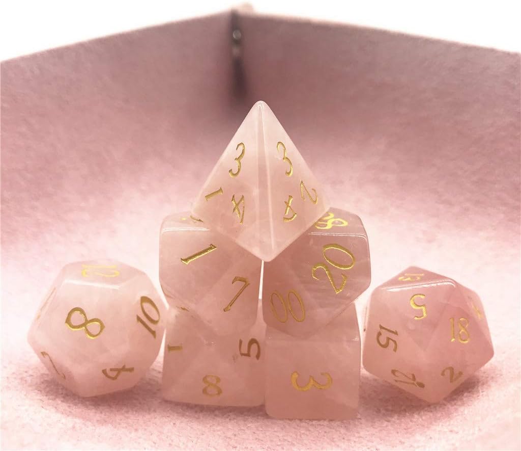 Amatolo Stone Dice Set of Seven,Handmade RPGs Dices for Dungeons & Dragons, Made by Natural Gemstones with Pink Tray. (A8 Pink Crystal)