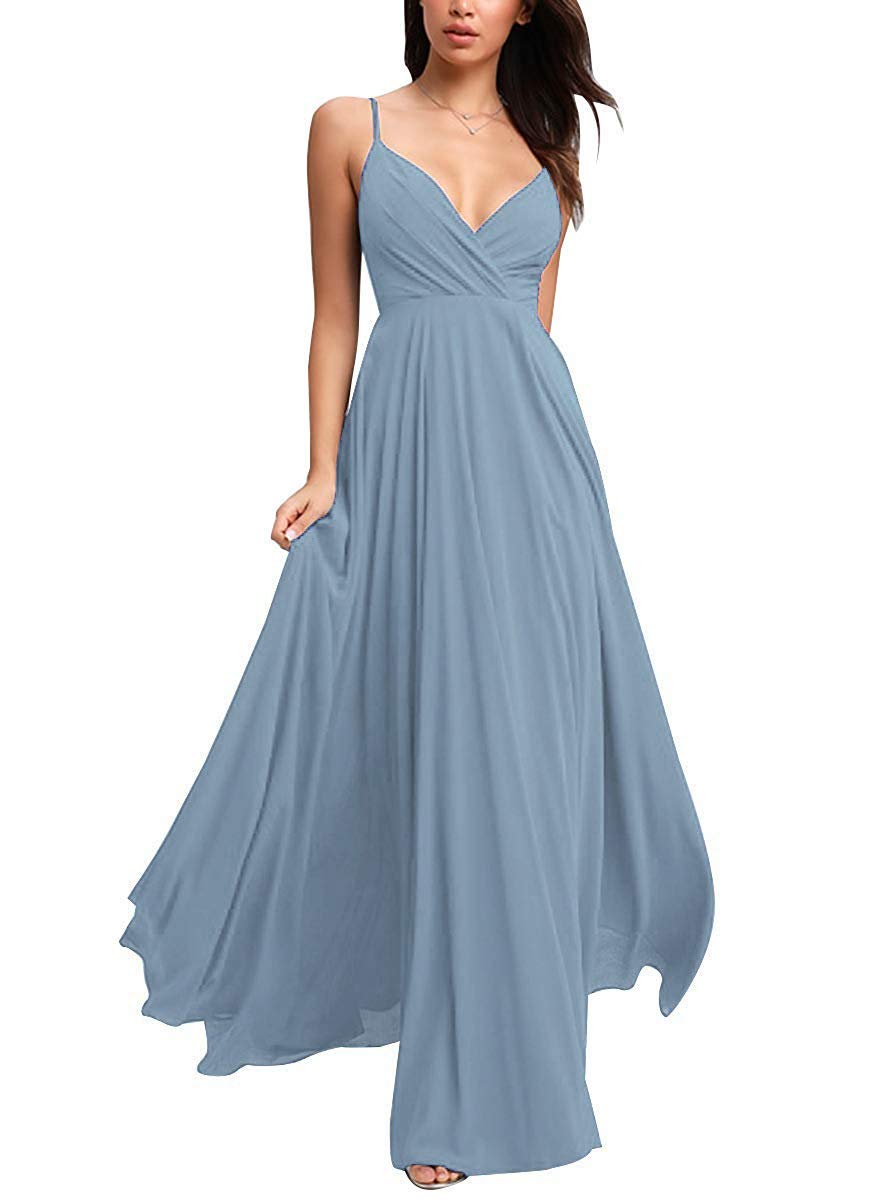 GMAR V Neck Chiffon Spaghetti Straps Long Ruched Bridesmaid Dresses for