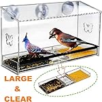 Large Window Bird Feeder, Homono Acrylic Clear See - Through Wild Birds House with Removable Foods and Water Tray, Drain Holes, Butterfly Carving and 3 Suction Cups