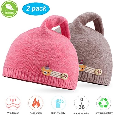 NIOFEI 2 Pack Baby Winter Beanie Hats For Unisex Baby Boys Girls Soft Cotton Cute Toddler Infant Kids Knit Beanies Hats Caps (Watermelon Red + Coffee)