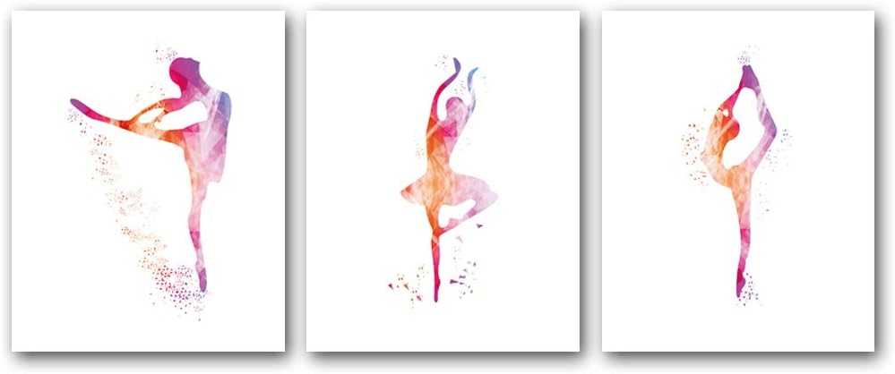 Unframed Ballerina Art Print Elegant Ballet Girls Art Painting, Set of 3(8’’x10’’) Canvas Dancer Poster Picture For Beautiful Girls or Women Room Decor