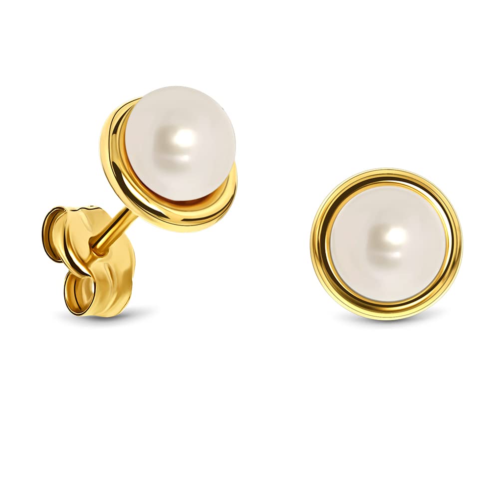 Miore 14 kt (585) Yellow Gold Pearl Stud Earrings for Women, 7mm
