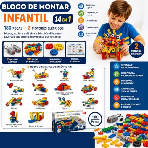 Blocos de Montar Robô Infantil 180 Peças com 2 Motores Elétricos, Kit Educativo de Construção e Engenharia, Brinquedo Criativo para Meninos e Meninas, Raciocínio Lógico, +3 Anos