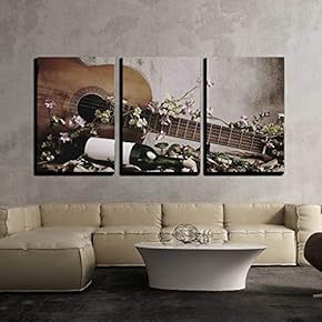 3 Piece Canvas Wall Art - Still Life Wine Bottle with Acoustic Guitar - Modern Home Art Stretched and Framed Ready to Hang - 16"x24"x3 Panels