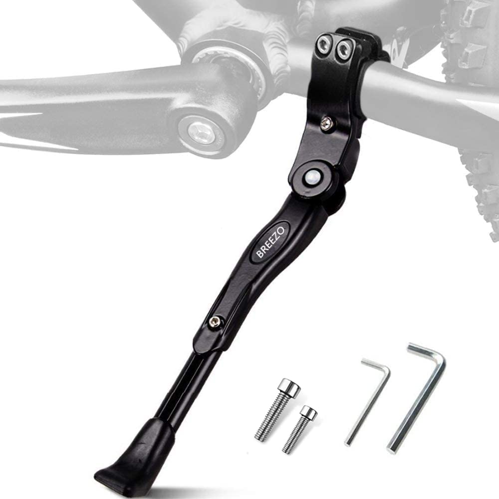 BREEZO Bicycle Kickstand Adjustable Bike Kickstand Aluminium Alloy Side Stand wit h Anti-slip Rubber Feet for Mountain Bike, Road Bike + 2 Allen Key and 2 Spare Bolts