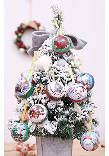 LUCKSTAR 9Pcs Tinplate Round Ball Boxes, Reindeer Santa Tree Hanging Decorations for Show Window,Family Gathering,Office