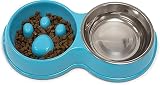 Fur & Bone Double Slow Feeder Raised Dog Bowl Stainless Steel Dual Bowl Set Blue