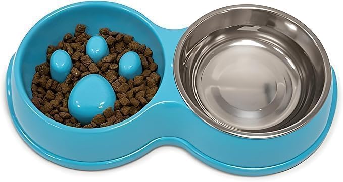 Fur & Bone Double Slow Feeder Raised Dog Bowl Stainless Steel Dual Bowl Set Blue