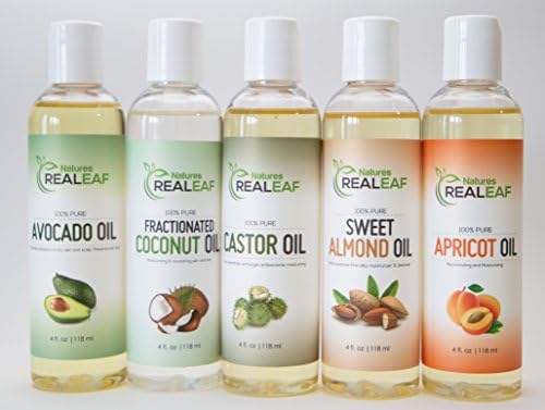 5-Pack Carrier Oil for Essential Oils Set (4oz Bottles) | Coconut Oil - Castor Oil - Apricot Oil - Avocado Oil - Sweet Almond Oil – Great for Massage, Beauty Stretch Marks, and Hair Care - Ideal Gift