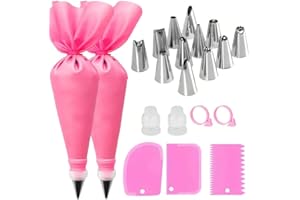 21pcs Reusable Piping Bags and Tips Set with 12 Stainless Steel Icing Tips, 2 Pastry Bag 2 Couplers, 3 Scrapers and 2 Silicon