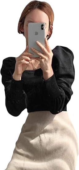 Amazon Ellteカットソー レディース 秋 冬 長袖シャツ 着痩せ 上着 トップス スクエアネック パフスリーブ 無地 リブニット デート 二次会 韓国風インナー ファッションブラック Tシャツ カットソー 通販