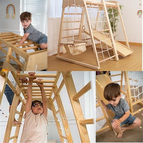 AM ANNA Upgraded Indoor Playground 5-in-1 Jungle Gym Kids Climbing Toys, Montessori Wooden Climber Playset with Slide, Swing, Monkey Bars,Upright/Rope Ladder,Climb Net (Jungle Gym)