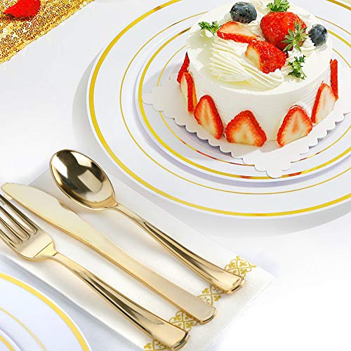 image for 350 Piece M MCIRCO Gold Dinnerware Set - 100 Gold Rim Plastic Plates -
