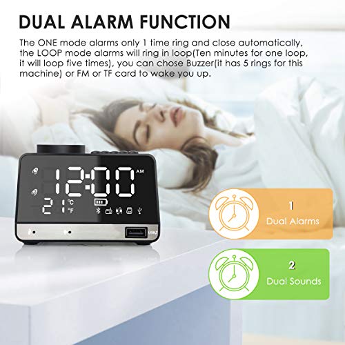 Alarm Clock Radio,Leyeet Wireless Bluetooth Speaker,USB Charger,TF Card Play, Thermometer, Large Mirror LED Dimmable Display AUX-in Function Hotel,Home,Office,Bedroom,Travel Black