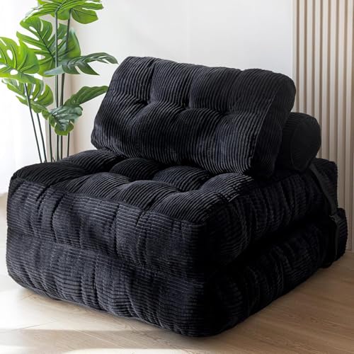 CTOBY Folding Sofa Bed, Convertible Sleeper Chair with Pillow Foldable Mattress with Back Support, Portable Fold Out Chair Bed Comfy Floor Sofa Lounge for Living Room Bedroom, Black, Single