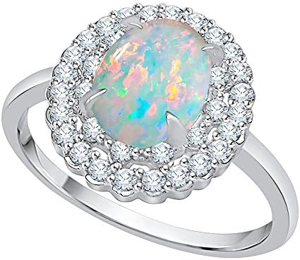 Diamond and Oval Cut Opal Double Halo Ring in 10K White Gold (3/4 cttw) (JK-Color, SI2/I1-Clarity) (Size-4)
