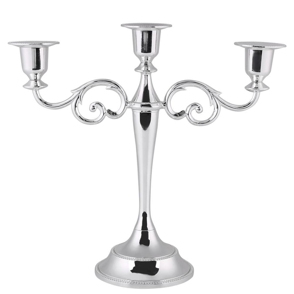 Hztyyier Metal Candelabra 3 Arms Candle Holder Metal Pillar Candle Stick Wedding Events Candelabra Candle Stand Centerpiece(Silver)