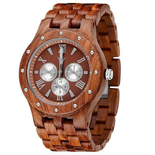 MEKU Men's Wooden Watches Natural Sandalwood Day Date Calendar Watches Gifts