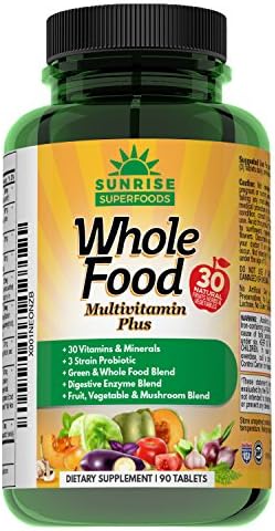 WHOLE FOOD MULTIVITAMIN PLUS Complete Daily Multivitamins for Men and Women, All Natural Vegetable &amp; Fruit Blends, Minerals, Omega 3 &amp; 6, Probiotics &amp; Digestive Enzymes 90 Tablets VEGAN