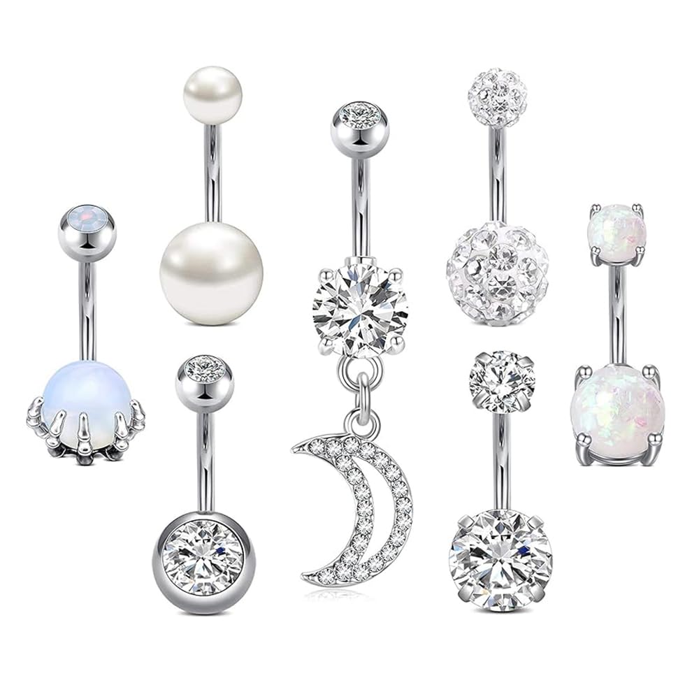 Crdifu 7Pcs Belly Button Bars,14G Surgical Steel Silver Belly Bar, 10MM Belly Button Piercing