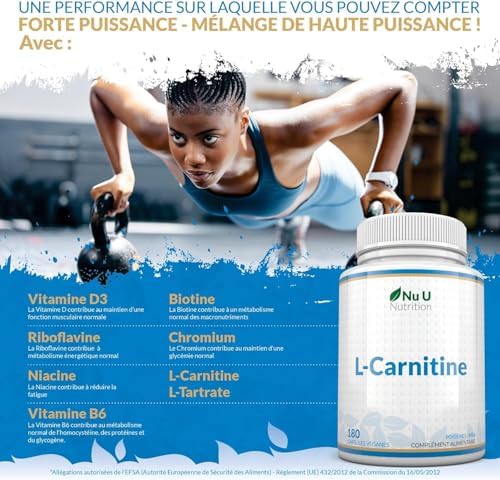 L-Carnitine Complexe 1 650mg - 180 Forte Puissance Capsules Véganes - Avec Riboflavine, Biotine, Chromium, Vitamine D, B3 & B6 - L Carnitine Tartrate Supplément - Fabriqué en Europe - Nu U Nutrition